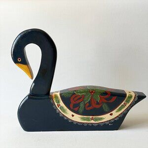 Vintage Hand Painted Wood Christmas Swan Signed